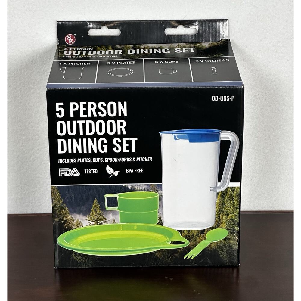 Camping 5 Person Outdoor Dining Set Plates Cups Forks Pitcher Reusable NIB - Picture 1 of 5